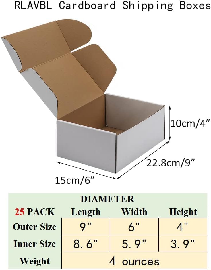 RLAVBL 25 Stück weiße Versandkartons mit den Maßen 22,9 x 15,3 x 10,2 cm für den Versand von Gegenständen, Spielzeug und Geschenken
