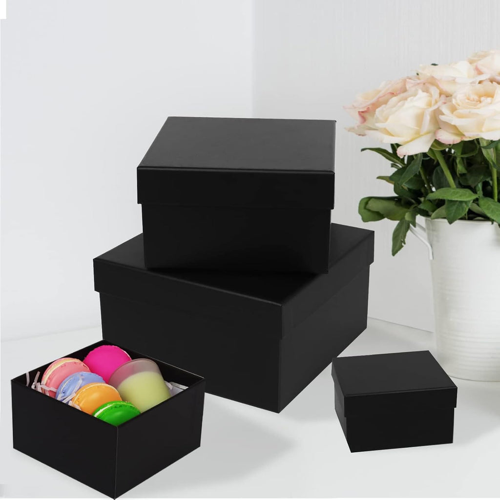 CHARMGIFTBOX 5 Stück Geschenkbox mit deckel, 10-20cm Geschenkboxen Schwarze, Quadratische Geschenkbox für Geschenke, Stapelbare Boxen für Geburtstag, Hochzeit, Weihnachten