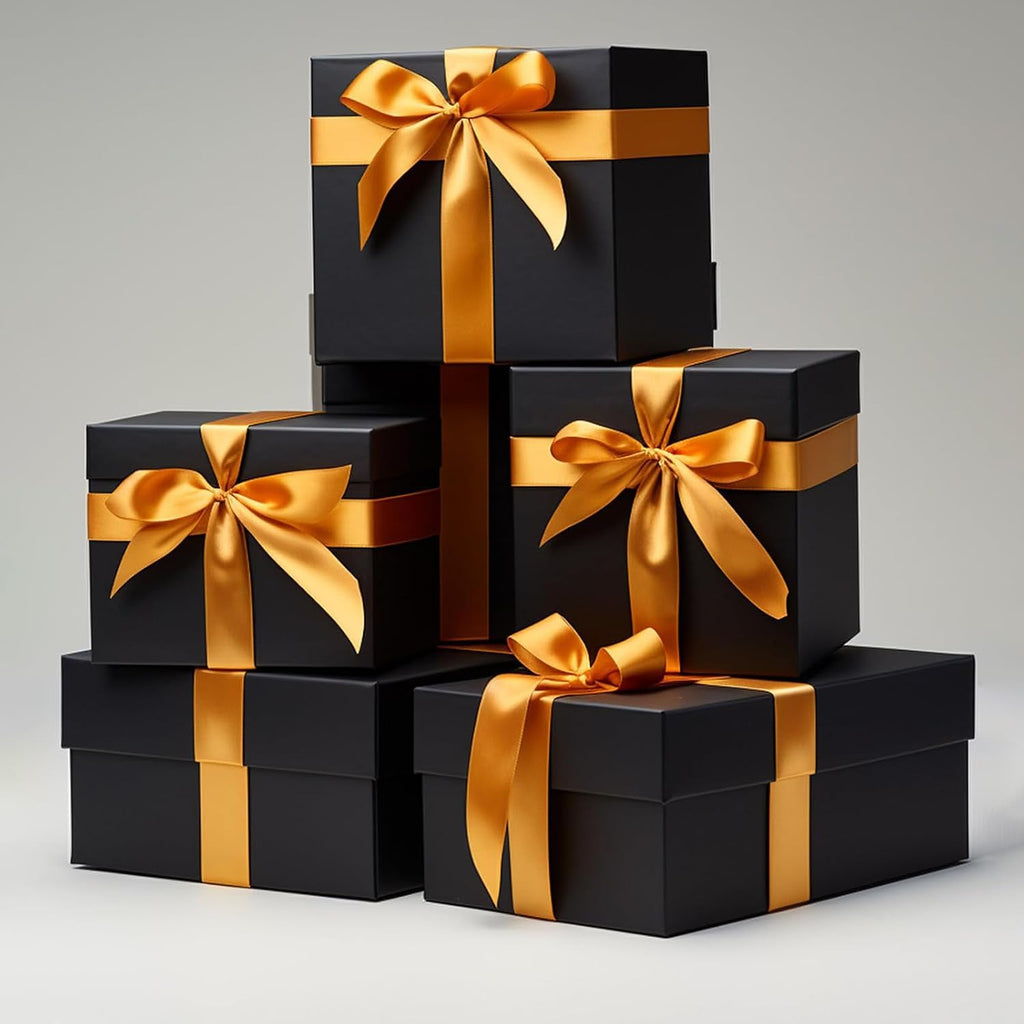 CHARMGIFTBOX 5 Stück Geschenkbox mit deckel, 10-20cm Geschenkboxen Schwarze, Quadratische Geschenkbox für Geschenke, Stapelbare Boxen für Geburtstag, Hochzeit, Weihnachten
