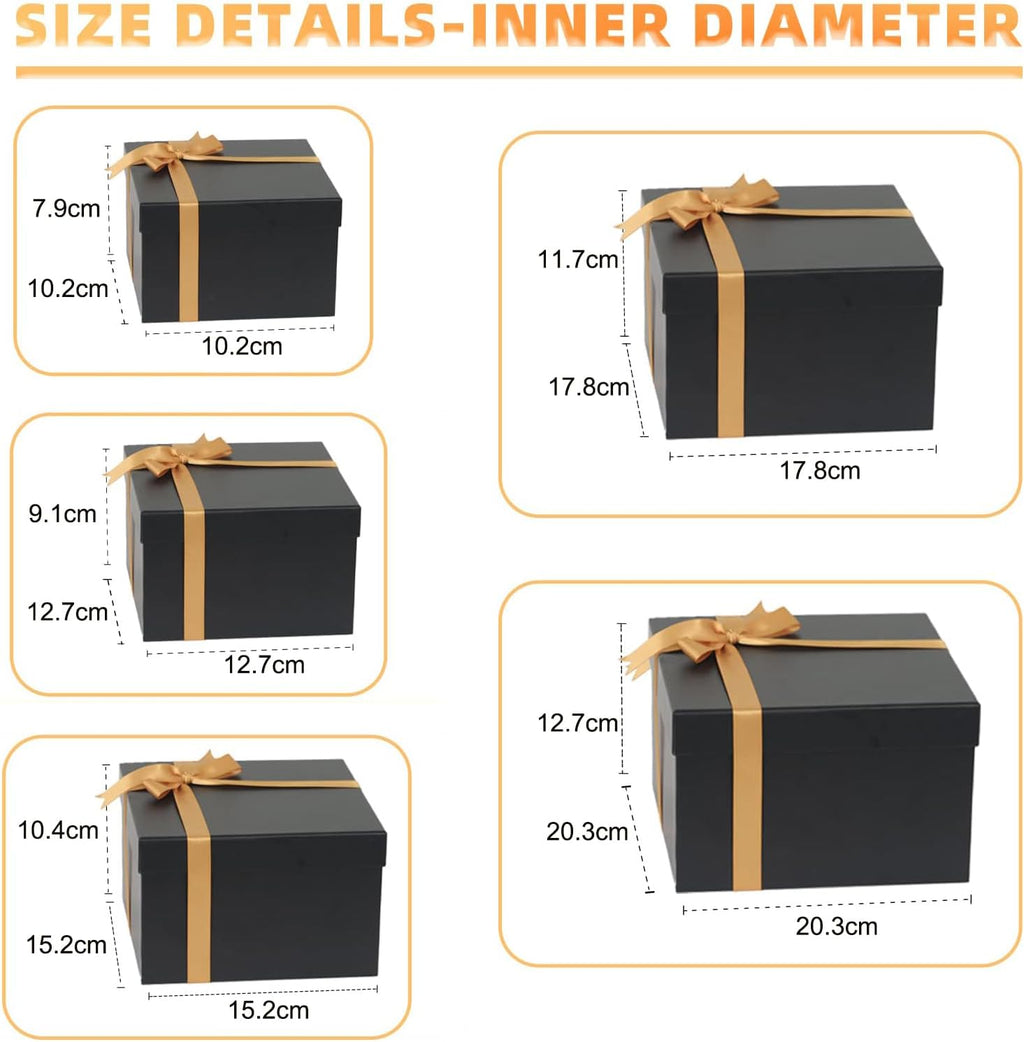 CHARMGIFTBOX 5 Stück Geschenkbox mit deckel, 10-20cm Geschenkboxen Schwarze, Quadratische Geschenkbox für Geschenke, Stapelbare Boxen für Geburtstag, Hochzeit, Weihnachten