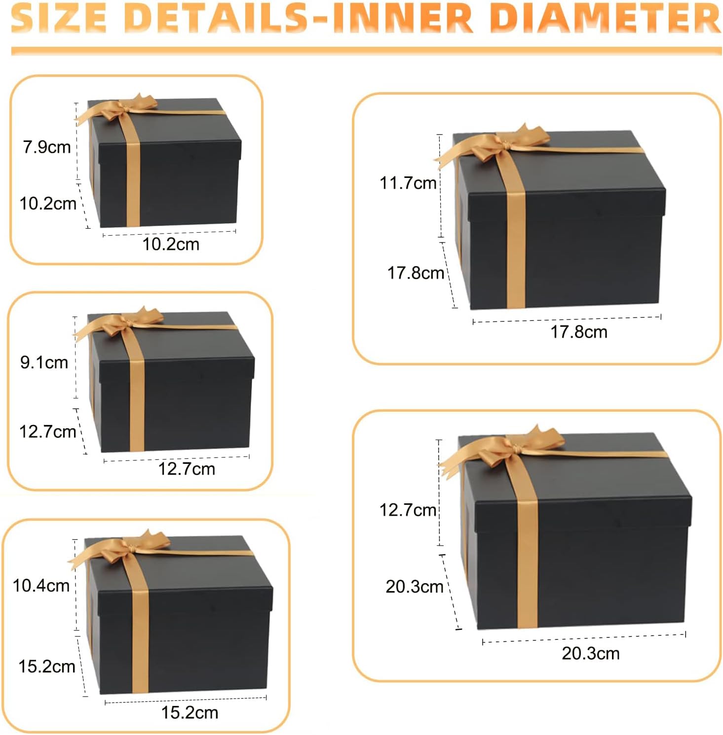CHARMGIFTBOX 5 Stück Geschenkbox mit deckel, 10-20cm Geschenkboxen Schwarze, Quadratische Geschenkbox für Geschenke, Stapelbare Boxen für Geburtstag, Hochzeit, Weihnachten