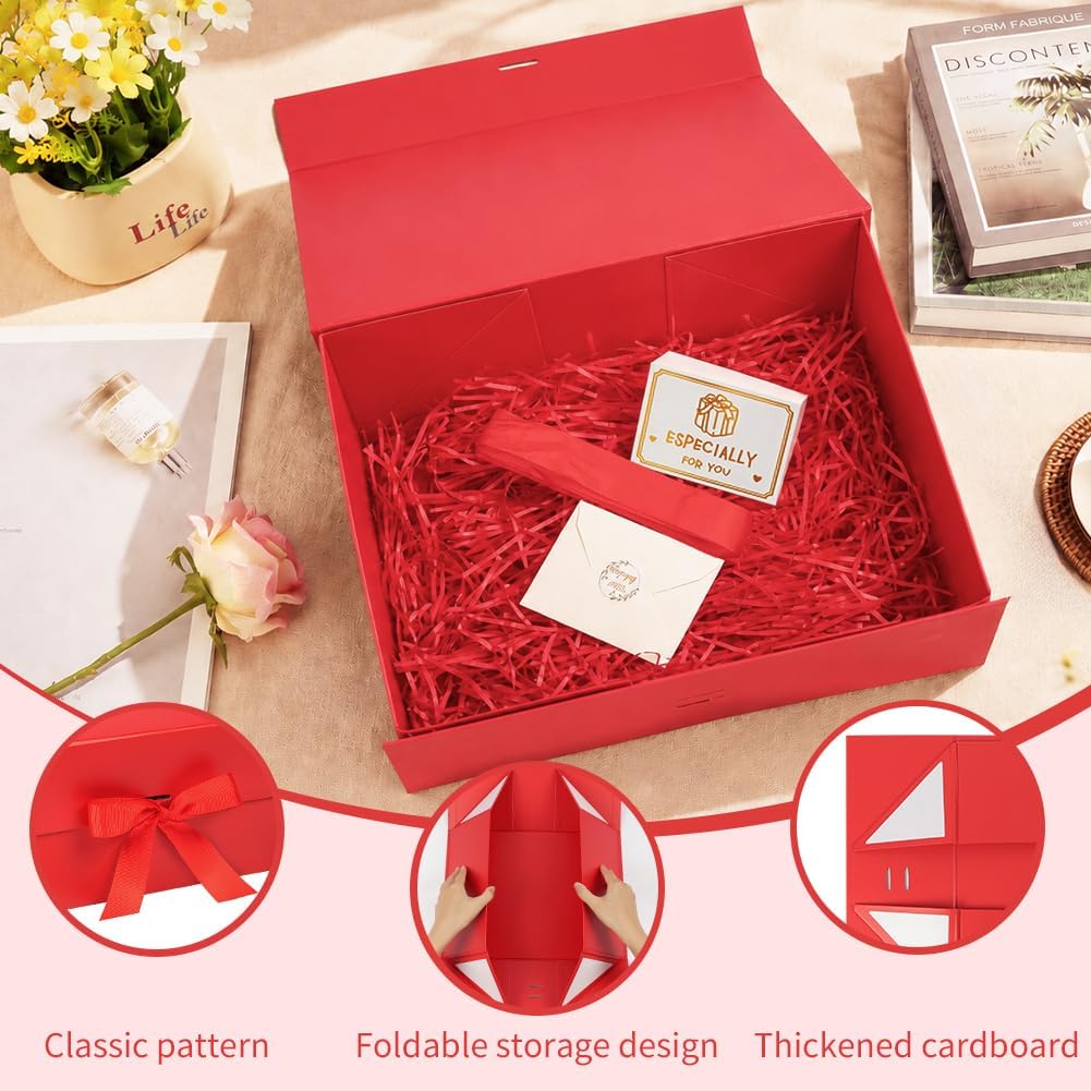 Rot Große Geschenkbox 33 x 25 x 12 cm, Premium Geschenkbox mit Deckel groß, Schleife, Raffia & Grußkarte für Feiertage Hochzeit Geburtstag Jubiläen Geschenkverpackungen