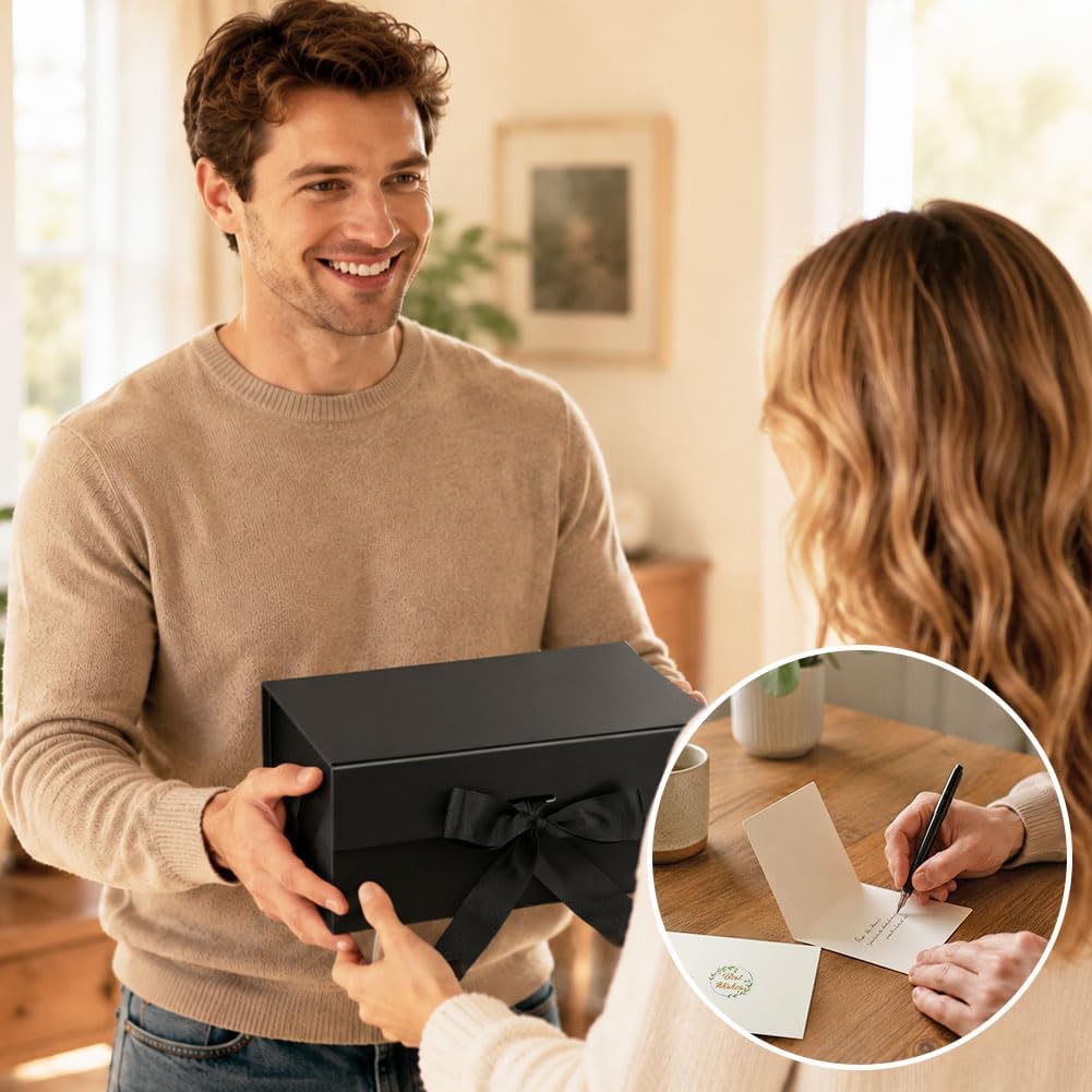 Rot Große Geschenkbox 33 x 25 x 12 cm, Premium Geschenkbox mit Deckel groß, Schleife, Raffia & Grußkarte für Feiertage Hochzeit Geburtstag Jubiläen Geschenkverpackungen