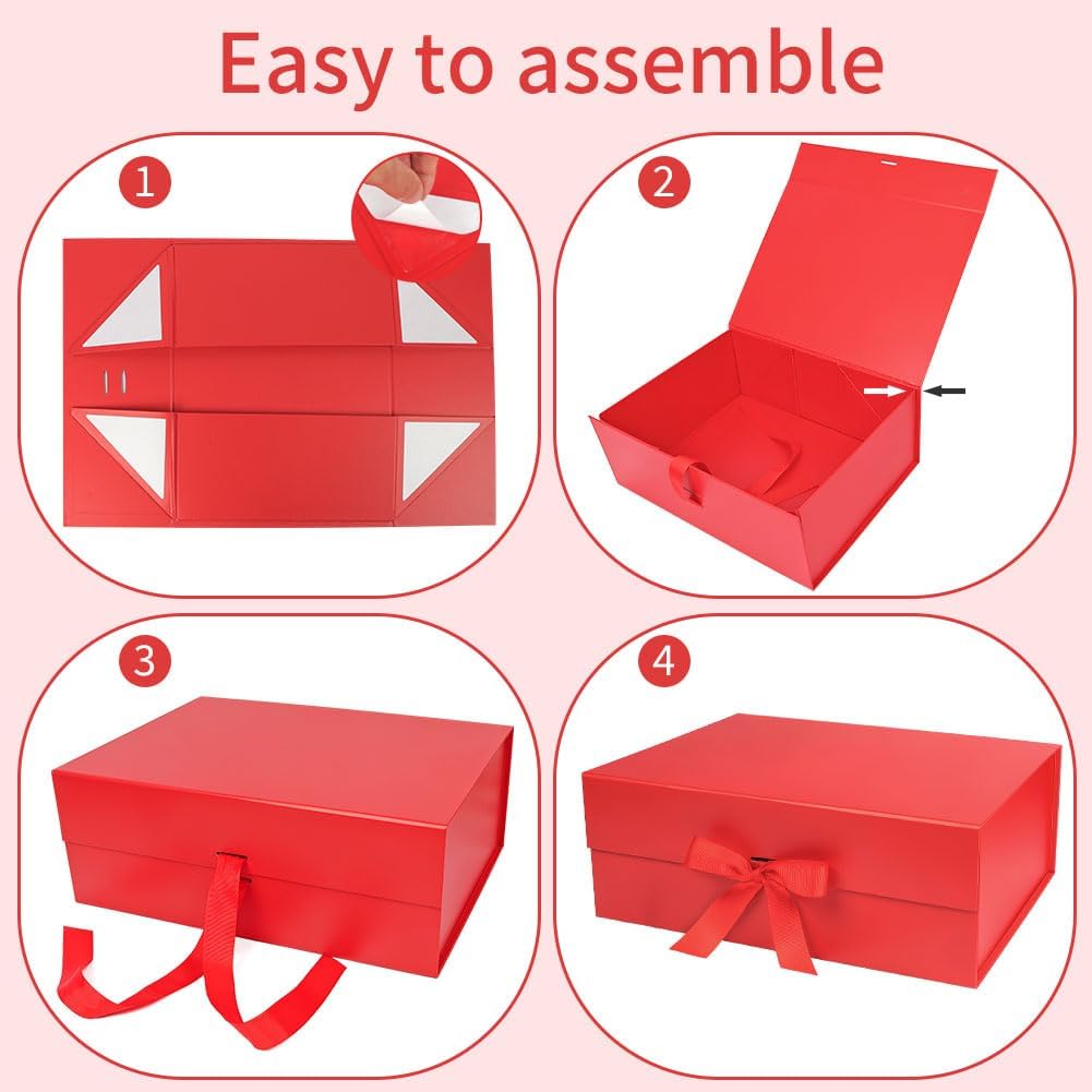 Rot Große Geschenkbox 33 x 25 x 12 cm, Premium Geschenkbox mit Deckel groß, Schleife, Raffia & Grußkarte für Feiertage Hochzeit Geburtstag Jubiläen Geschenkverpackungen
