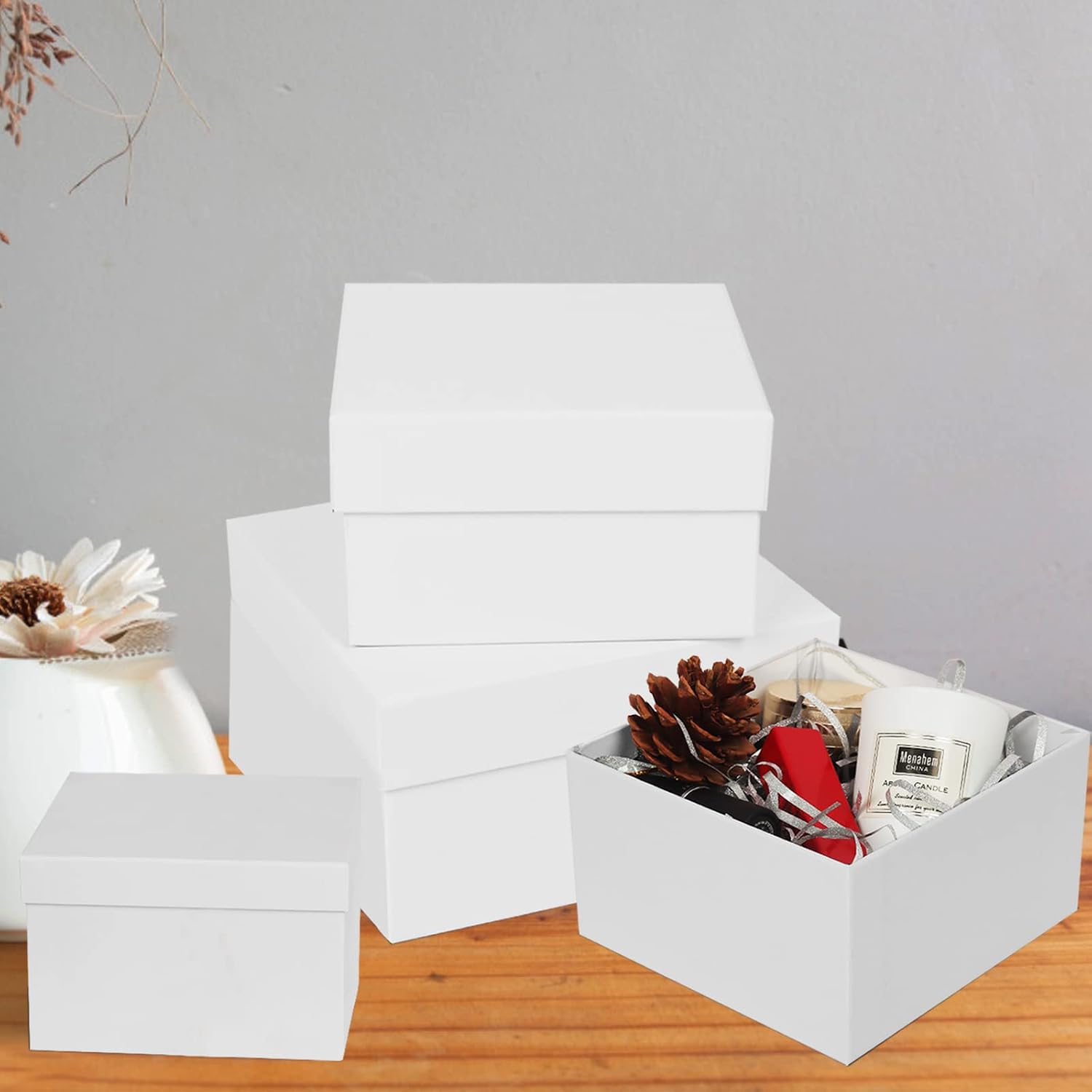 CHARMGIFTBOX 5 Stück Geschenkbox mit deckel, 10-20cm Geschenkboxen Schwarze, Quadratische Geschenkbox für Geschenke, Stapelbare Boxen für Geburtstag, Hochzeit, Weihnachten