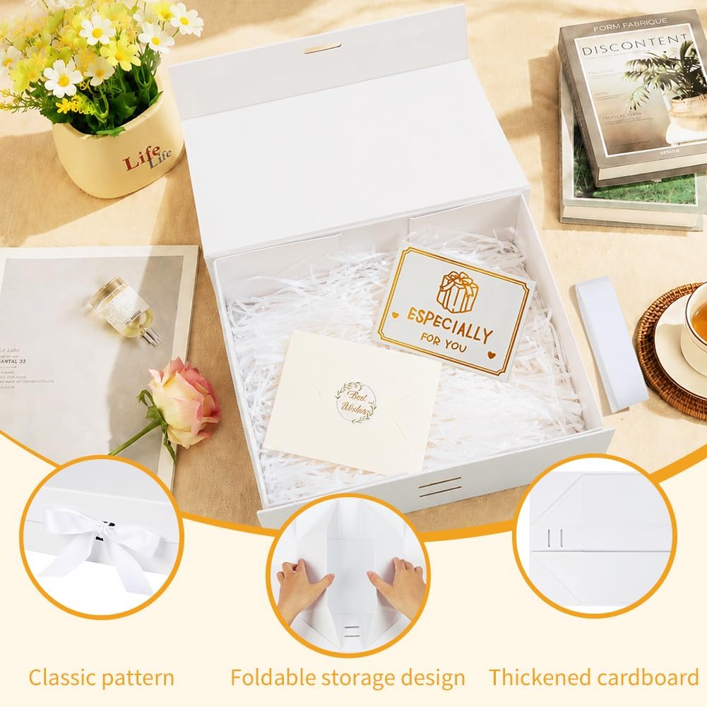 Rot Große Geschenkbox 33 x 25 x 12 cm, Premium Geschenkbox mit Deckel groß, Schleife, Raffia & Grußkarte für Feiertage Hochzeit Geburtstag Jubiläen Geschenkverpackungen