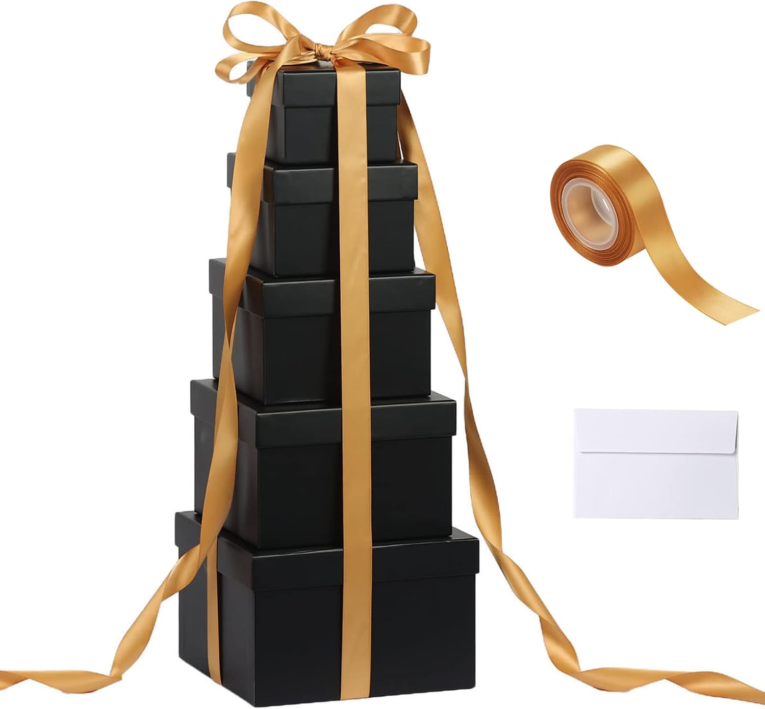 CHARMGIFTBOX 5 Stück Geschenkbox mit deckel, 10-20cm Geschenkboxen Schwarze, Quadratische Geschenkbox für Geschenke, Stapelbare Boxen für Geburtstag, Hochzeit, Weihnachten