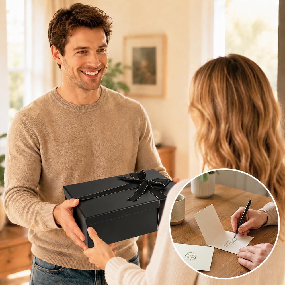 Rot Große Geschenkbox 33 x 25 x 12 cm, Premium Geschenkbox mit Deckel groß, Schleife, Raffia & Grußkarte für Feiertage Hochzeit Geburtstag Jubiläen Geschenkverpackungen
