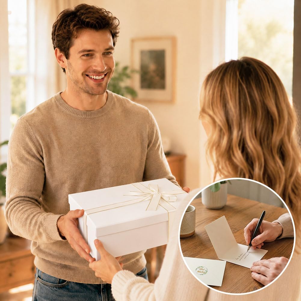 Rot Große Geschenkbox 33 x 25 x 12 cm, Premium Geschenkbox mit Deckel groß, Schleife, Raffia & Grußkarte für Feiertage Hochzeit Geburtstag Jubiläen Geschenkverpackungen