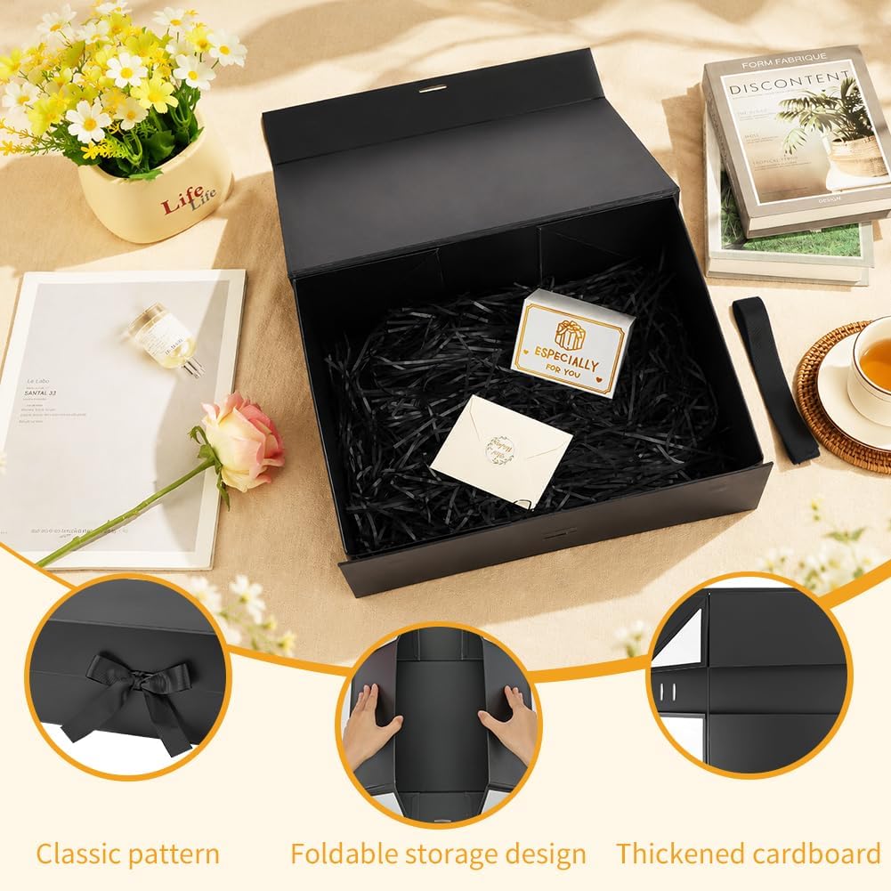 Rot Große Geschenkbox 33 x 25 x 12 cm, Premium Geschenkbox mit Deckel groß, Schleife, Raffia & Grußkarte für Feiertage Hochzeit Geburtstag Jubiläen Geschenkverpackungen