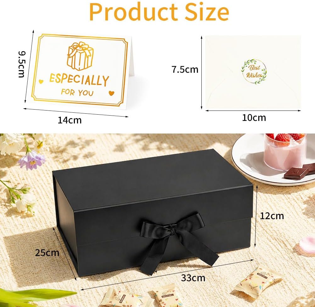 Rot Große Geschenkbox 33 x 25 x 12 cm, Premium Geschenkbox mit Deckel groß, Schleife, Raffia & Grußkarte für Feiertage Hochzeit Geburtstag Jubiläen Geschenkverpackungen