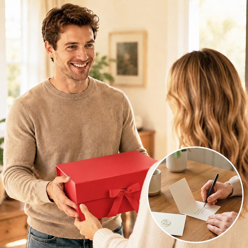 Rot Große Geschenkbox 33 x 25 x 12 cm, Premium Geschenkbox mit Deckel groß, Schleife, Raffia & Grußkarte für Feiertage Hochzeit Geburtstag Jubiläen Geschenkverpackungen