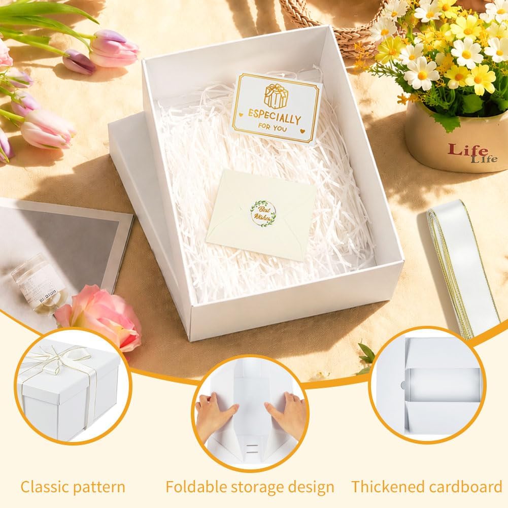 Rot Große Geschenkbox 33 x 25 x 12 cm, Premium Geschenkbox mit Deckel groß, Schleife, Raffia & Grußkarte für Feiertage Hochzeit Geburtstag Jubiläen Geschenkverpackungen