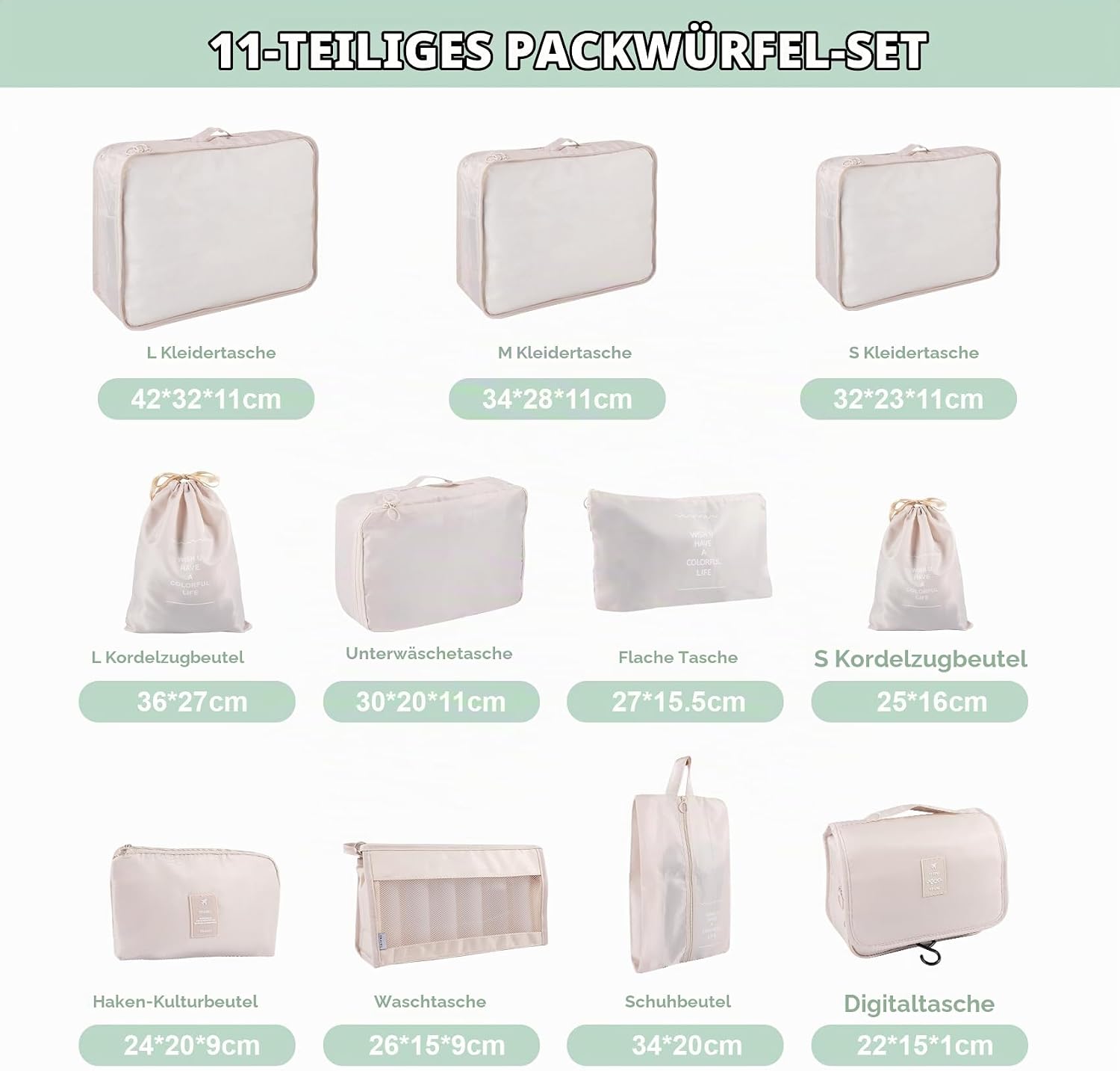 BillyBath 8-teiliges Koffer Organizer Set & Packwürfel | Platzsparende Packing Cubes für Kleidung. Perfekter Kofferorganizer mit Netzdesign, leichtes Reise Zubehör, Beige
