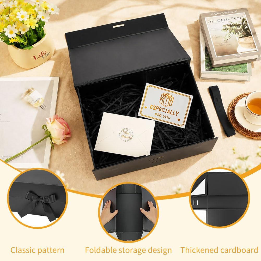 Rot Große Geschenkbox 33 x 25 x 12 cm, Premium Geschenkbox mit Deckel groß, Schleife, Raffia & Grußkarte für Feiertage Hochzeit Geburtstag Jubiläen Geschenkverpackungen