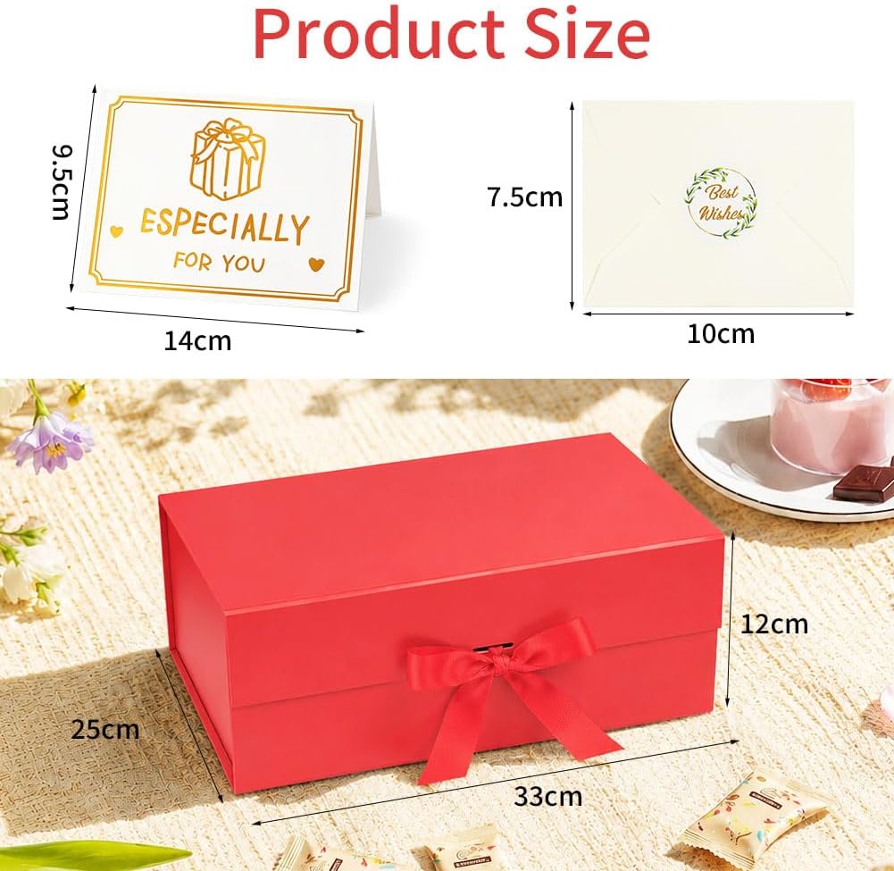 Rot Große Geschenkbox 33 x 25 x 12 cm, Premium Geschenkbox mit Deckel groß, Schleife, Raffia & Grußkarte für Feiertage Hochzeit Geburtstag Jubiläen Geschenkverpackungen