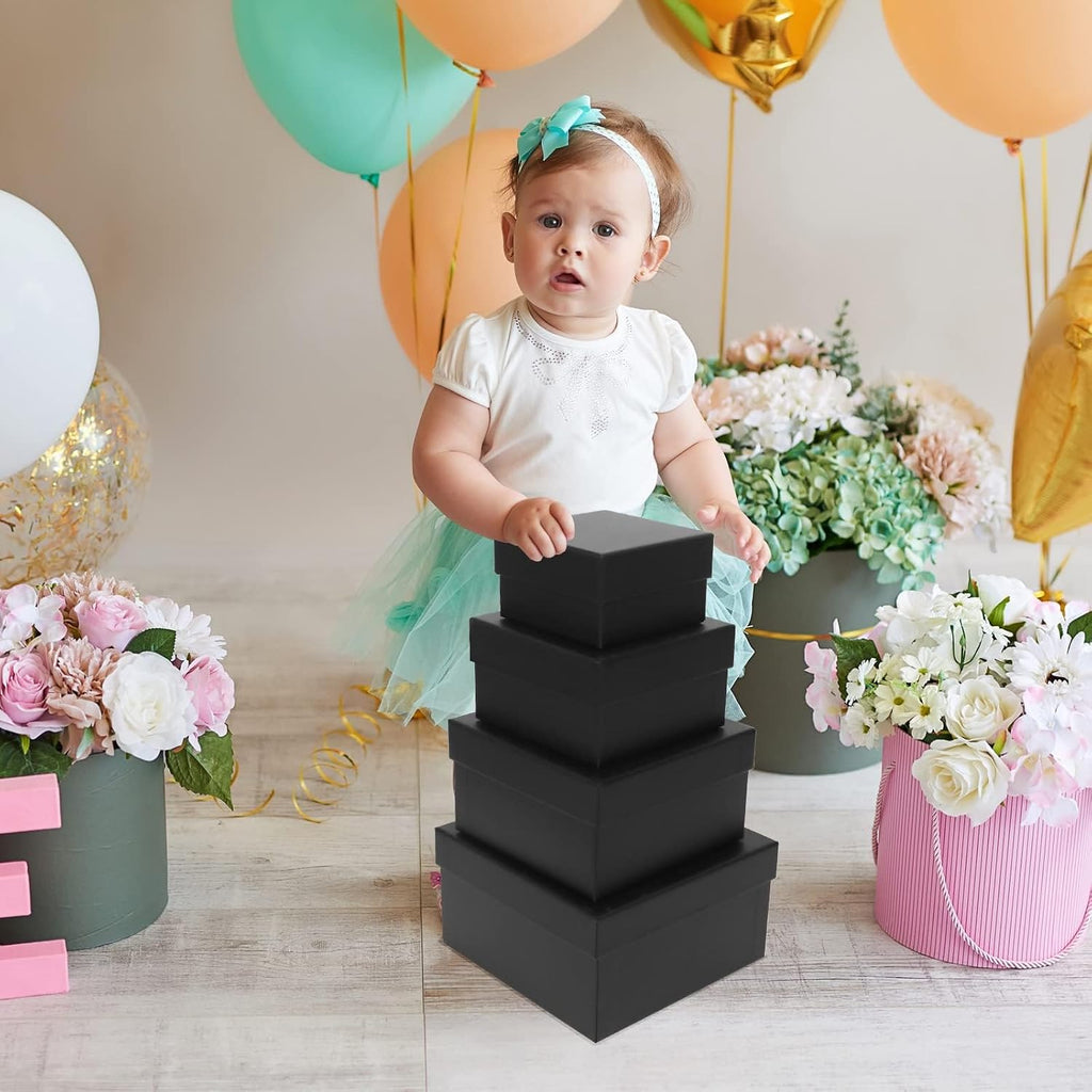 CHARMGIFTBOX 5 Stück Geschenkbox mit deckel, 10-20cm Geschenkboxen Schwarze, Quadratische Geschenkbox für Geschenke, Stapelbare Boxen für Geburtstag, Hochzeit, Weihnachten