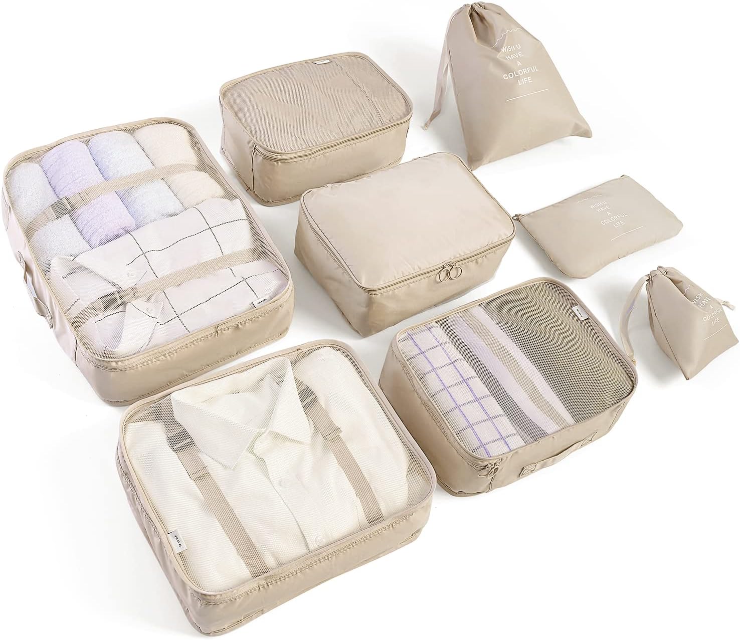 BillyBath 8-teiliges Koffer Organizer Set & Packwürfel | Platzsparende Packing Cubes für Kleidung. Perfekter Kofferorganizer mit Netzdesign, leichtes Reise Zubehör, Beige