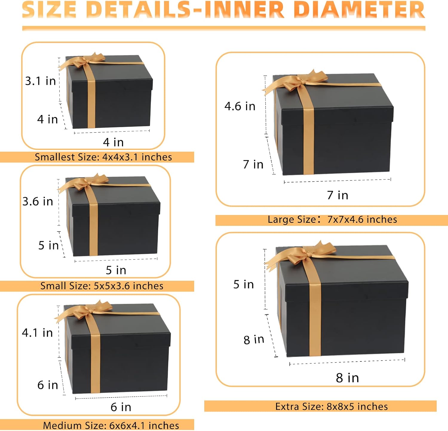 CHARMGIFTBOX 5 Stück Geschenkbox mit deckel, 10-20cm Geschenkboxen Schwarze, Quadratische Geschenkbox für Geschenke, Stapelbare Boxen für Geburtstag, Hochzeit, Weihnachten