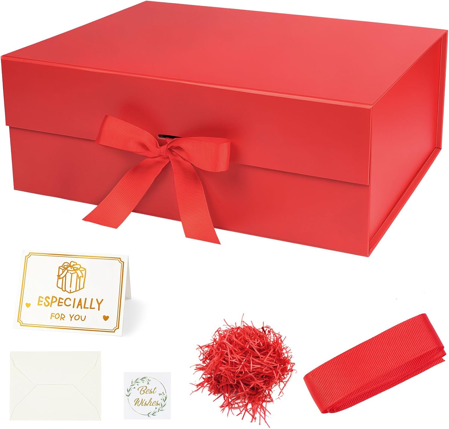 Rot Große Geschenkbox 33 x 25 x 12 cm, Premium Geschenkbox mit Deckel groß, Schleife, Raffia & Grußkarte für Feiertage Hochzeit Geburtstag Jubiläen Geschenkverpackungen