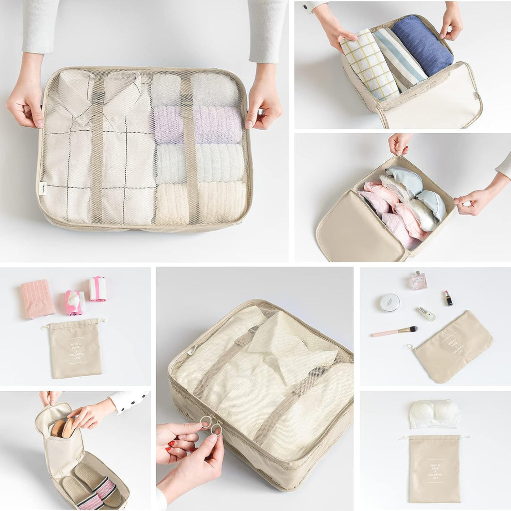 BillyBath 8-teiliges Koffer Organizer Set & Packwürfel | Platzsparende Packing Cubes für Kleidung. Perfekter Kofferorganizer mit Netzdesign, leichtes Reise Zubehör, Beige