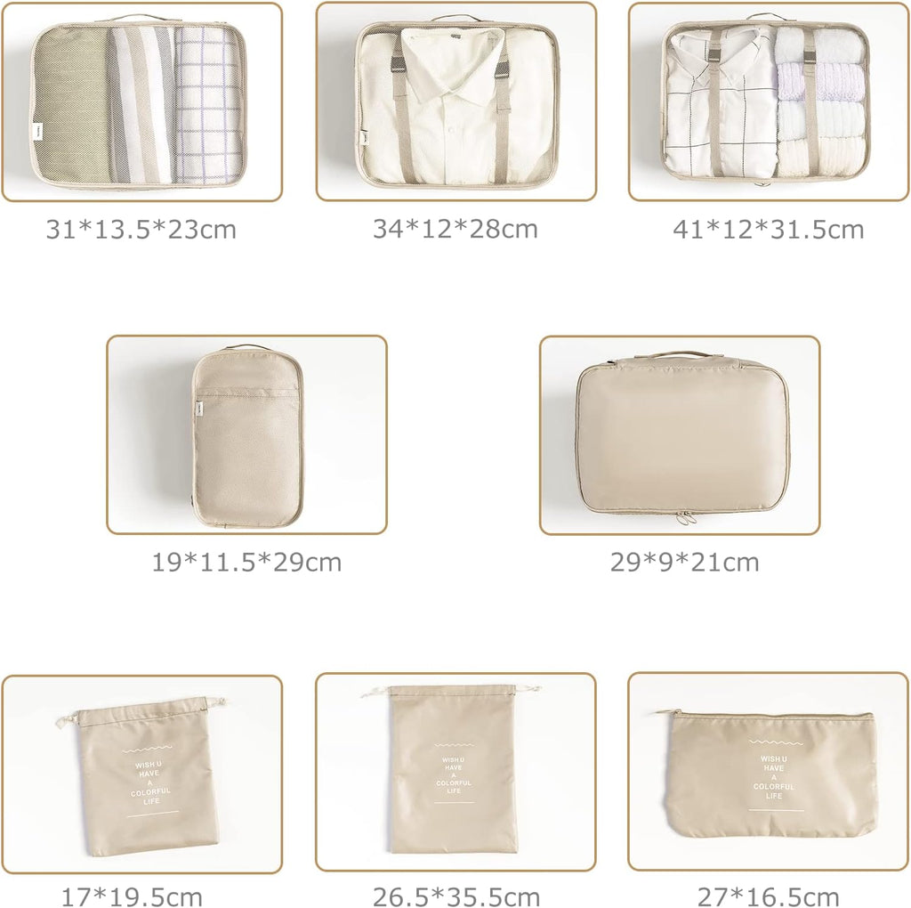 BillyBath 8-teiliges Koffer Organizer Set & Packwürfel | Platzsparende Packing Cubes für Kleidung. Perfekter Kofferorganizer mit Netzdesign, leichtes Reise Zubehör, Beige