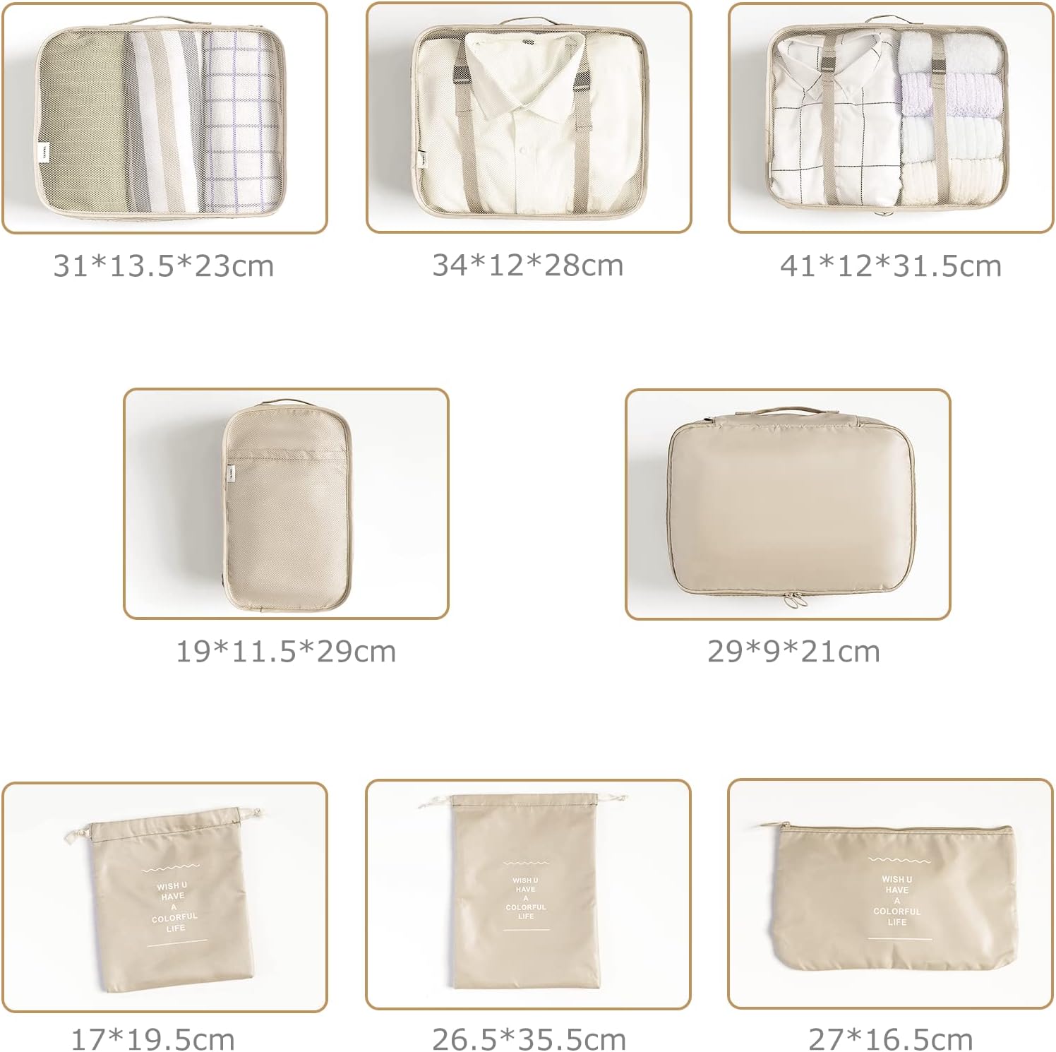 BillyBath 8-teiliges Koffer Organizer Set & Packwürfel | Platzsparende Packing Cubes für Kleidung. Perfekter Kofferorganizer mit Netzdesign, leichtes Reise Zubehör, Beige
