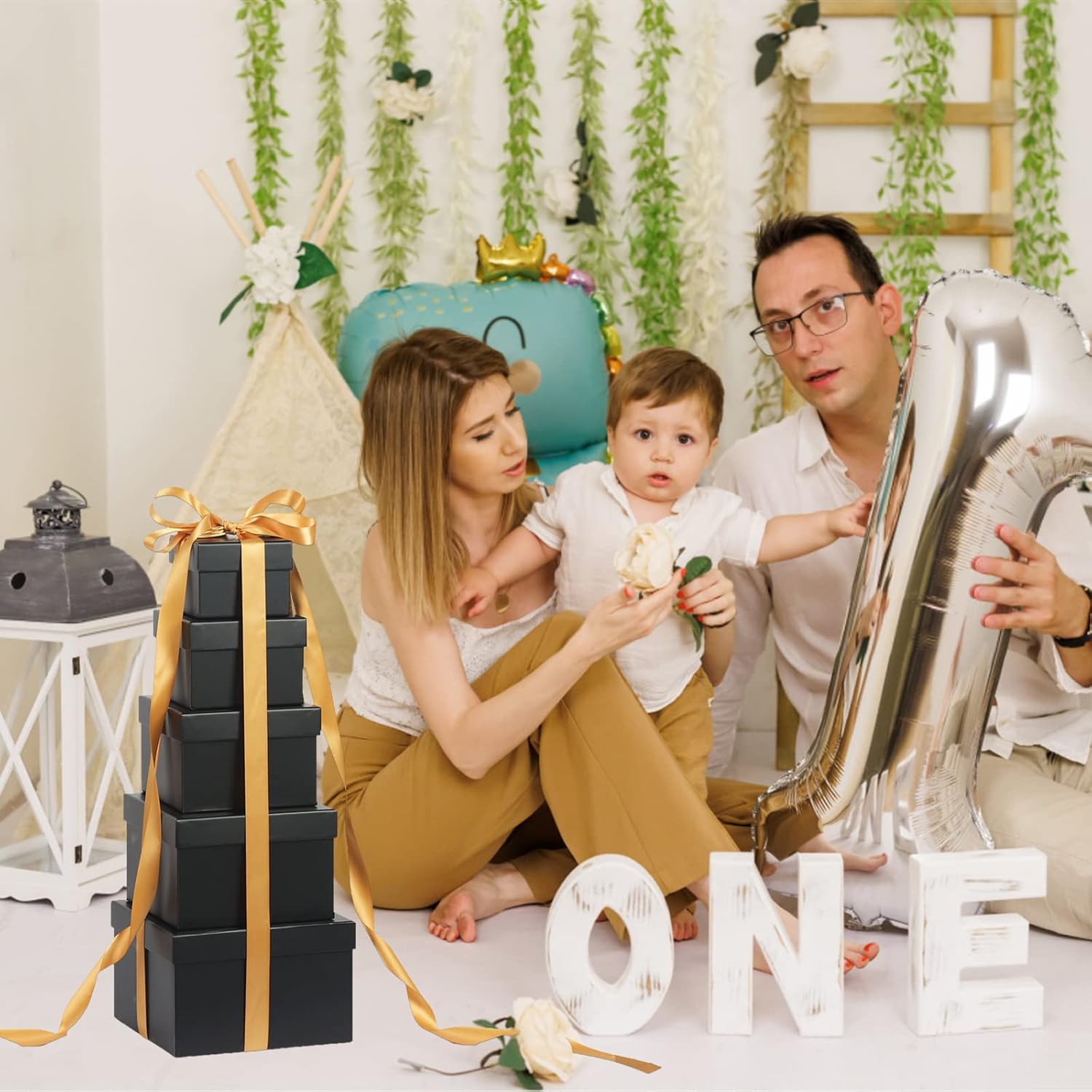 CHARMGIFTBOX 5 Stück Geschenkbox mit deckel, 10-20cm Geschenkboxen Schwarze, Quadratische Geschenkbox für Geschenke, Stapelbare Boxen für Geburtstag, Hochzeit, Weihnachten