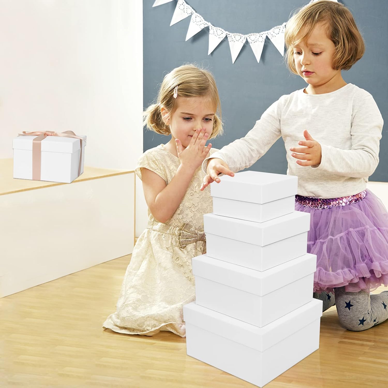 CHARMGIFTBOX 5 Stück Geschenkbox mit deckel, 10-20cm Geschenkboxen Schwarze, Quadratische Geschenkbox für Geschenke, Stapelbare Boxen für Geburtstag, Hochzeit, Weihnachten