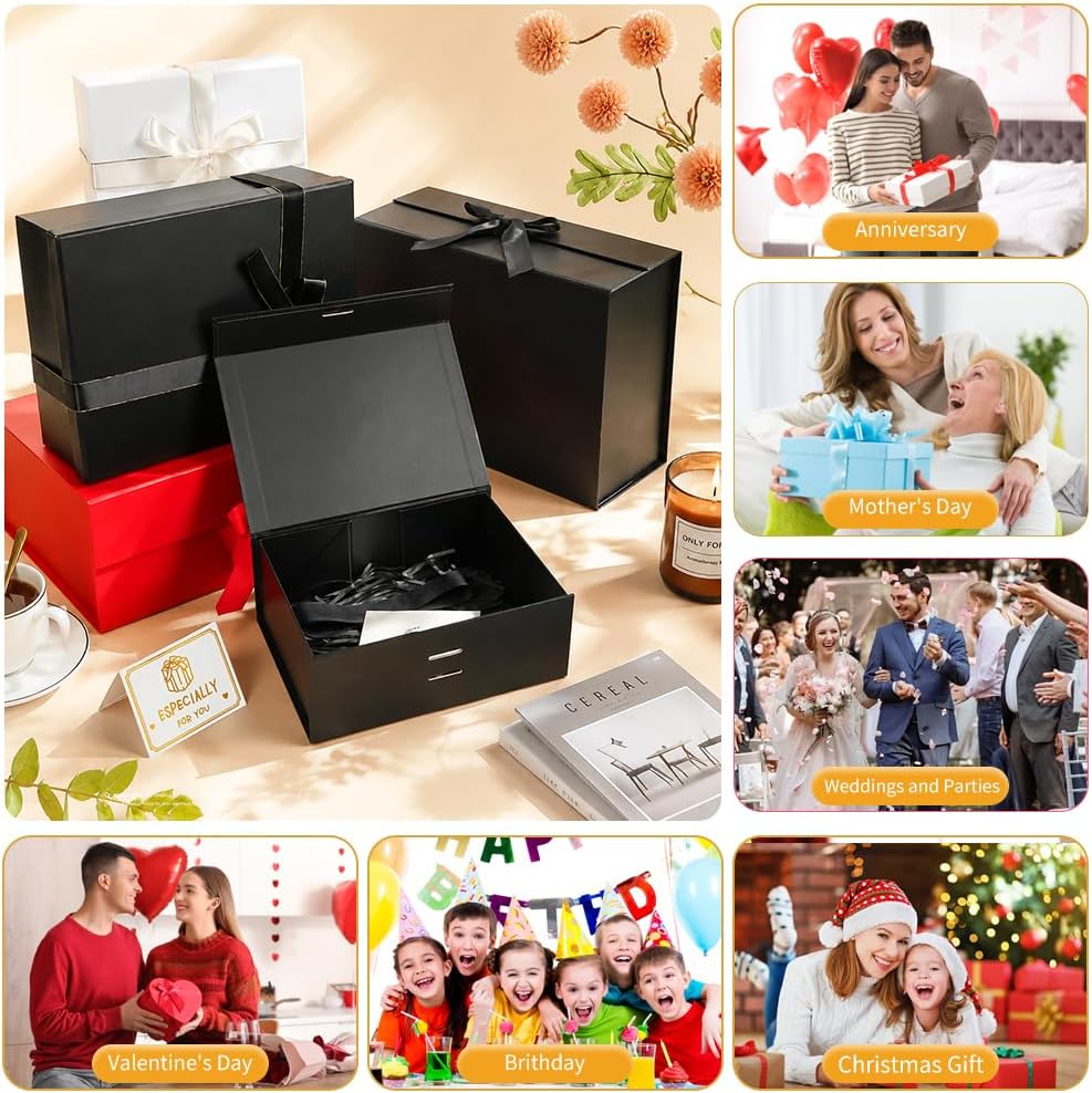 Rot Große Geschenkbox 33 x 25 x 12 cm, Premium Geschenkbox mit Deckel groß, Schleife, Raffia & Grußkarte für Feiertage Hochzeit Geburtstag Jubiläen Geschenkverpackungen