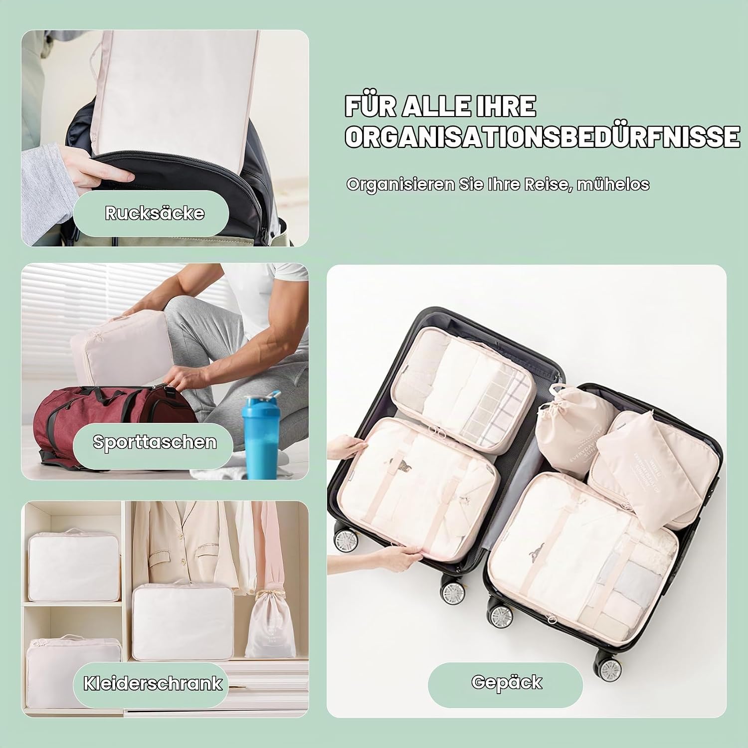 BillyBath 8-teiliges Koffer Organizer Set & Packwürfel | Platzsparende Packing Cubes für Kleidung. Perfekter Kofferorganizer mit Netzdesign, leichtes Reise Zubehör, Beige