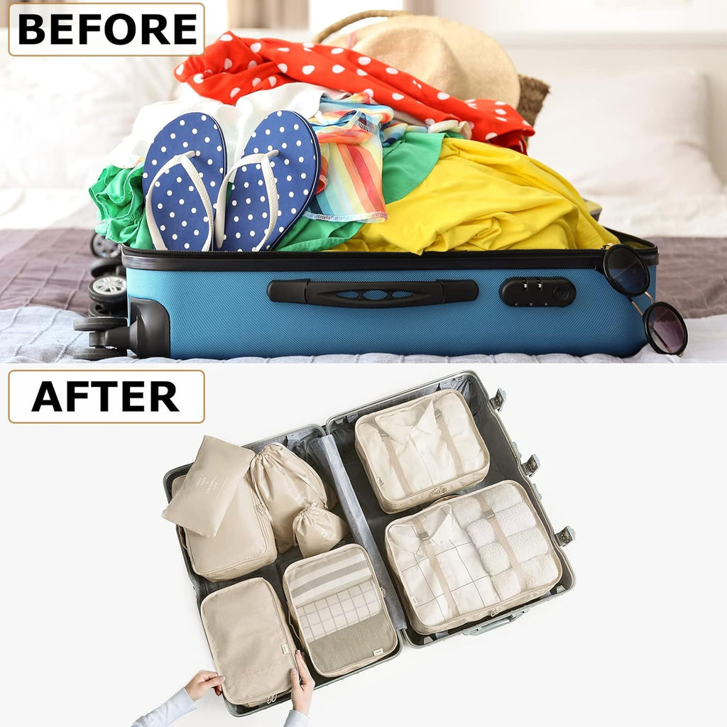 BillyBath 8-teiliges Koffer Organizer Set & Packwürfel | Platzsparende Packing Cubes für Kleidung. Perfekter Kofferorganizer mit Netzdesign, leichtes Reise Zubehör, Beige