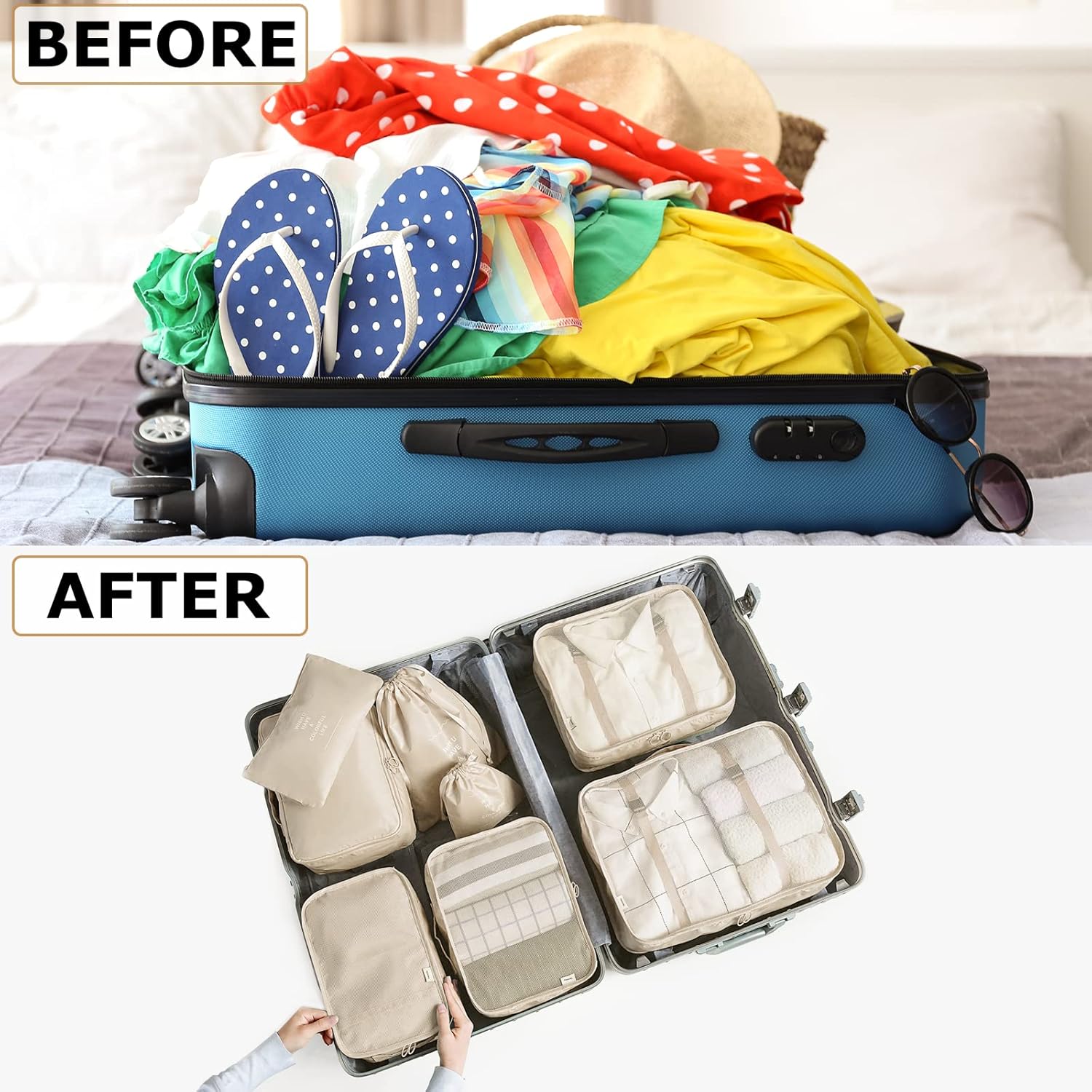 BillyBath 8-teiliges Koffer Organizer Set & Packwürfel | Platzsparende Packing Cubes für Kleidung. Perfekter Kofferorganizer mit Netzdesign, leichtes Reise Zubehör, Beige