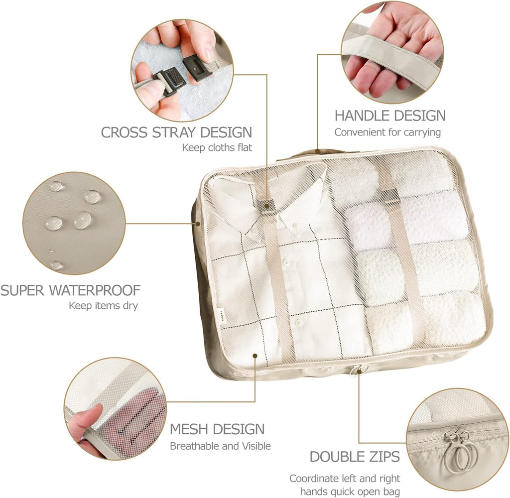 BillyBath 8-teiliges Koffer Organizer Set & Packwürfel | Platzsparende Packing Cubes für Kleidung. Perfekter Kofferorganizer mit Netzdesign, leichtes Reise Zubehör, Beige