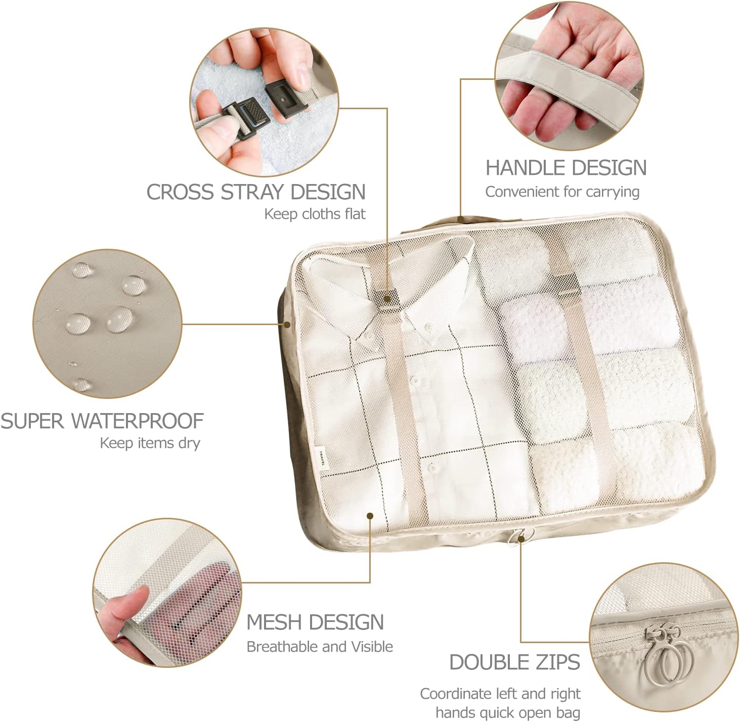 BillyBath 8-teiliges Koffer Organizer Set & Packwürfel | Platzsparende Packing Cubes für Kleidung. Perfekter Kofferorganizer mit Netzdesign, leichtes Reise Zubehör, Beige